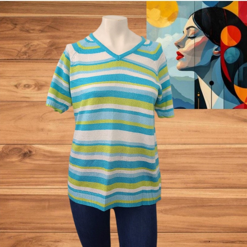 White Stag Shirt Womens Colorful Striped V-Neck Top Sz M Acrylic‎